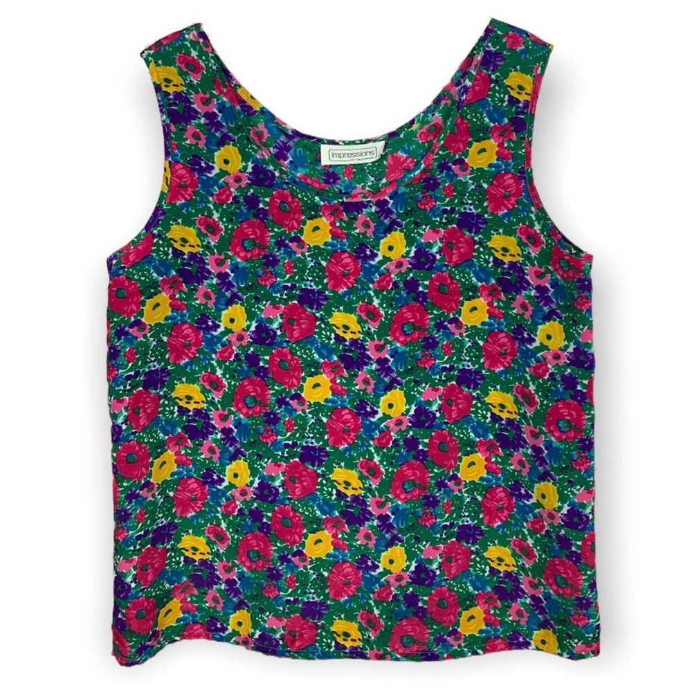 Vintage 90s Impressions Floral Sleeveless Silky Top Green Pink Size S